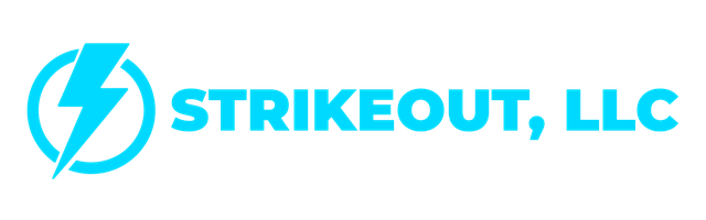 StrikeOut LLC horizontal logo, lightning-bolt mark in Plasma Cyan