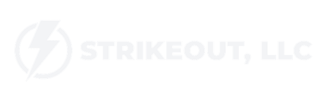 StrikeOut LLC horizontal logo in white on Ionosphere Blue