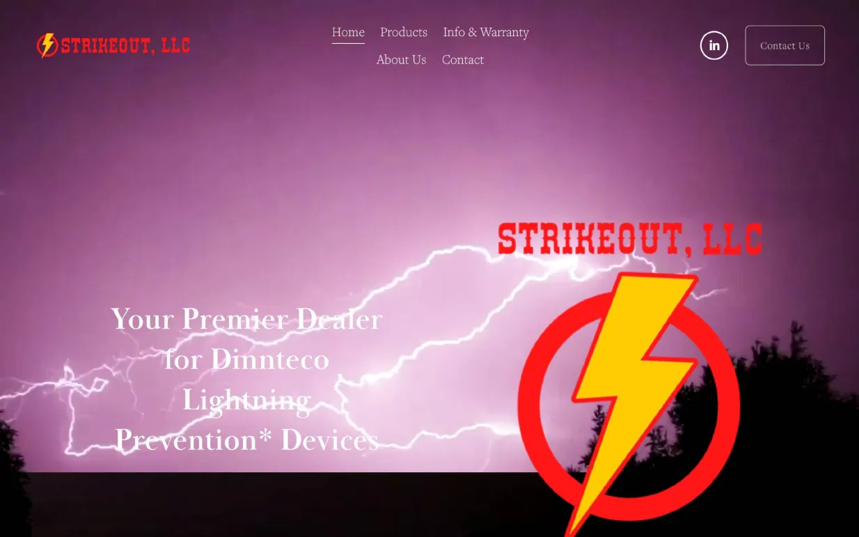 The earlier strikeoutllc.com homepage: a lightning photo hero with a red and yellow bolt logo and serif headline text.