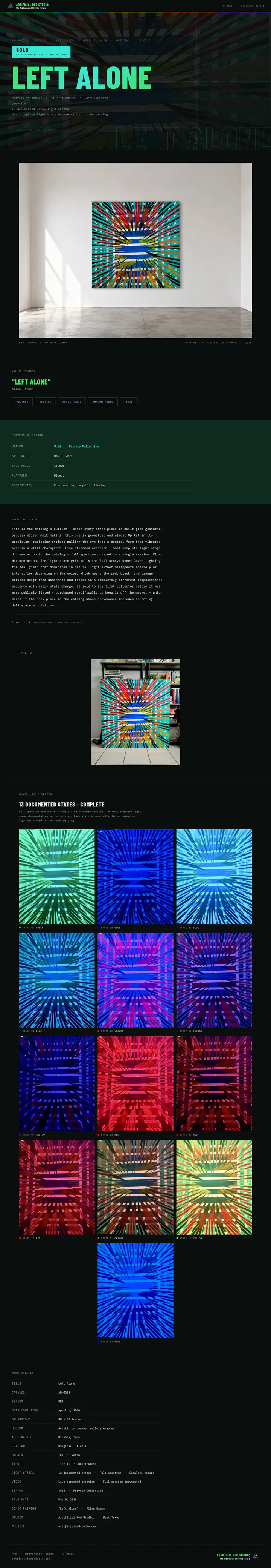 The full Left Alone (AR-0013) collector page, marked sold, with its grid of 13 documented light states.