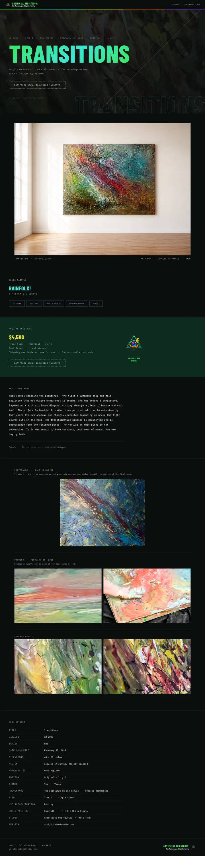 The full Transitions (AR-0023) collector page, with in-situ and detail photos.