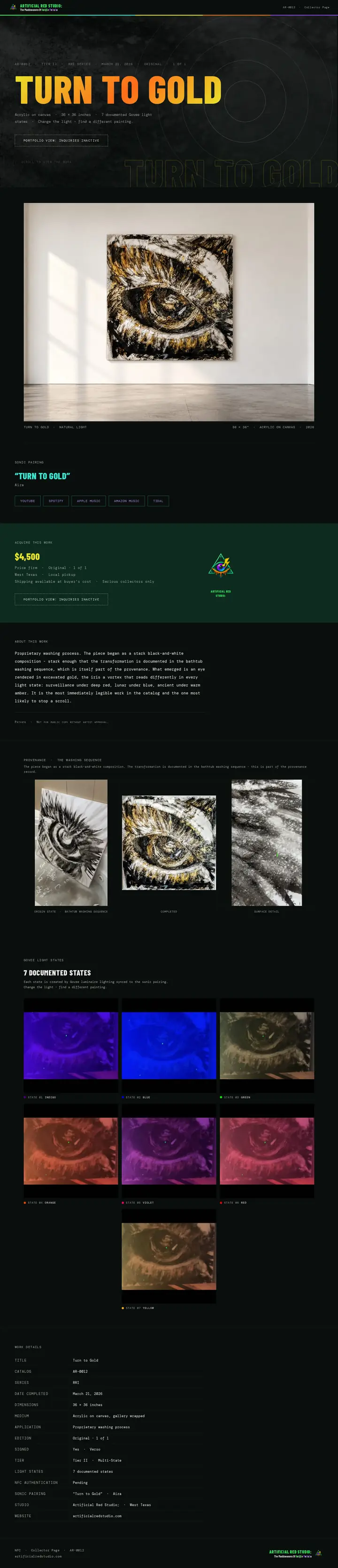 The full Turn to Gold (AR-0012) collector page, including its documented light states.