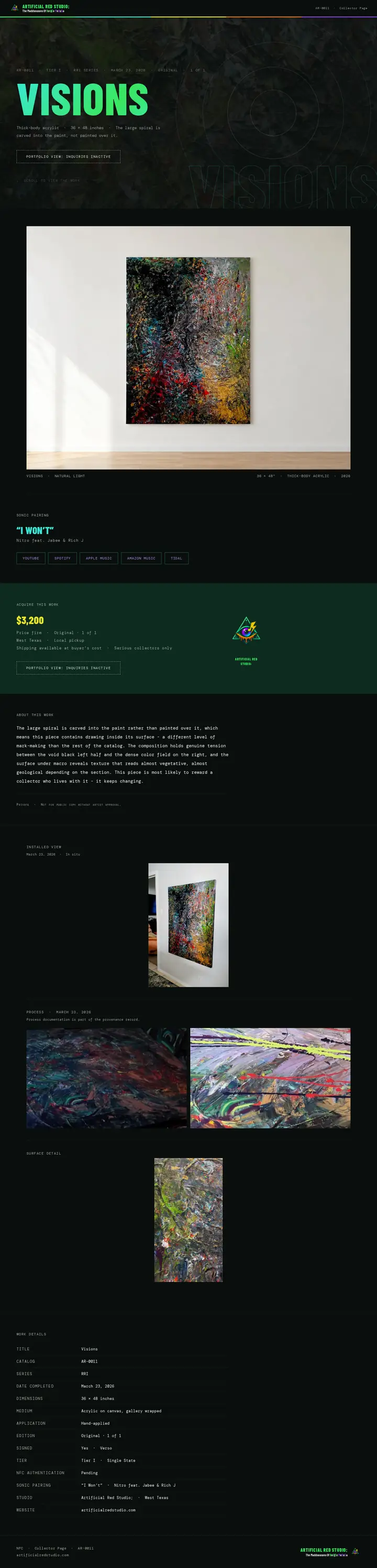The full Visions (AR-0011) collector page: hero, in-room image, price and tier, story, in-situ photos and work details.