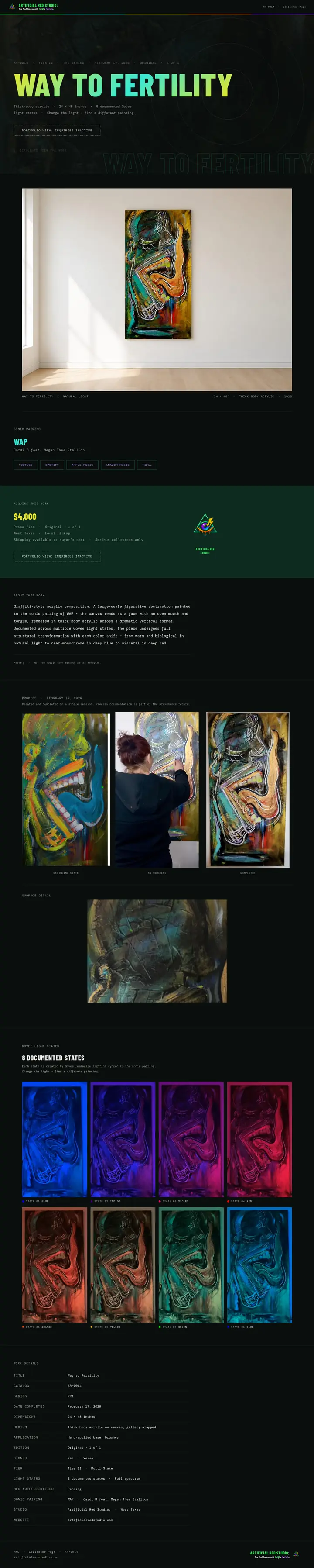 The full Way to Fertility (AR-0014) collector page, with process photos and eight documented light states.