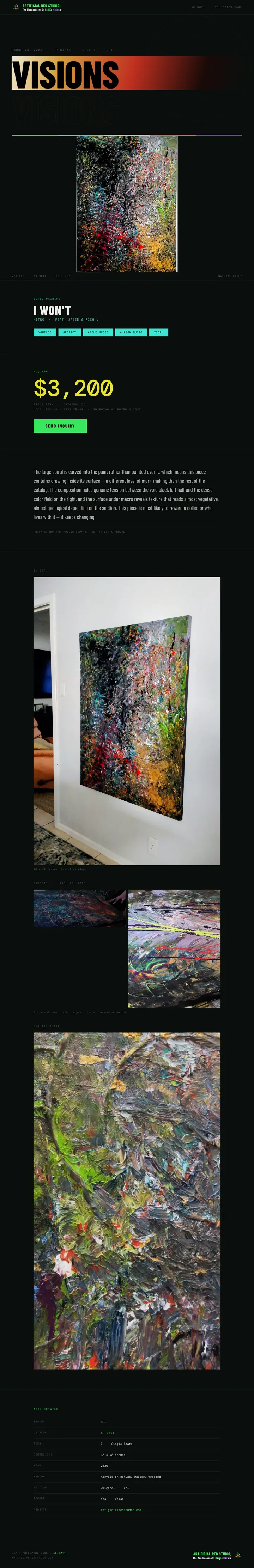Early Visions collector page with a warm gradient title bar, the painting on black, sonic pairing, a large price, story text, an in-situ photo and detail images.