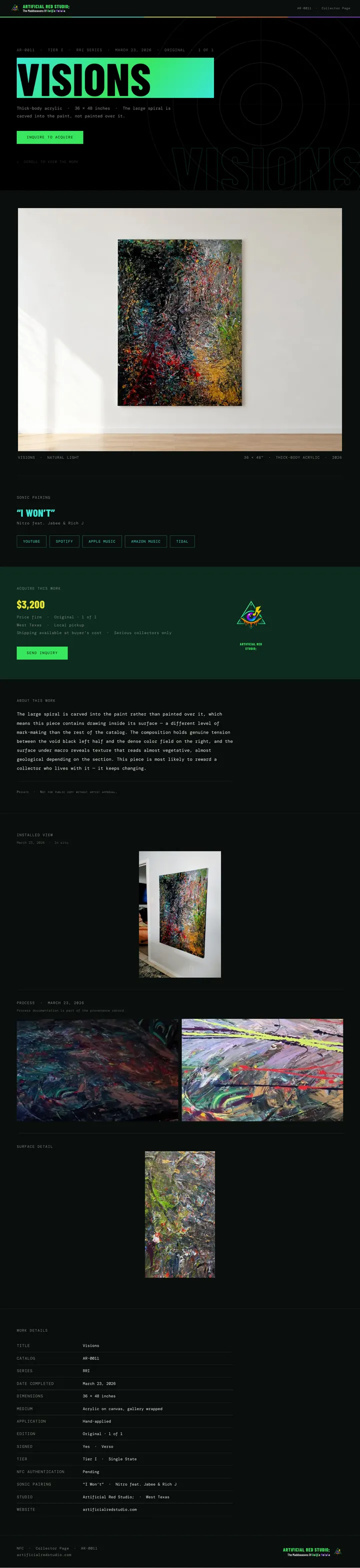 Visions launch collector page with a mint gradient title, the painting in a room setting, streaming buttons, a price panel with tier and the studio mark, story and details.