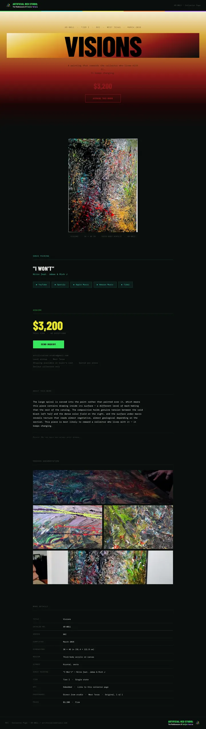 Visions v1 collector page with a full-width warm gradient header holding the title, price and inquiry button.