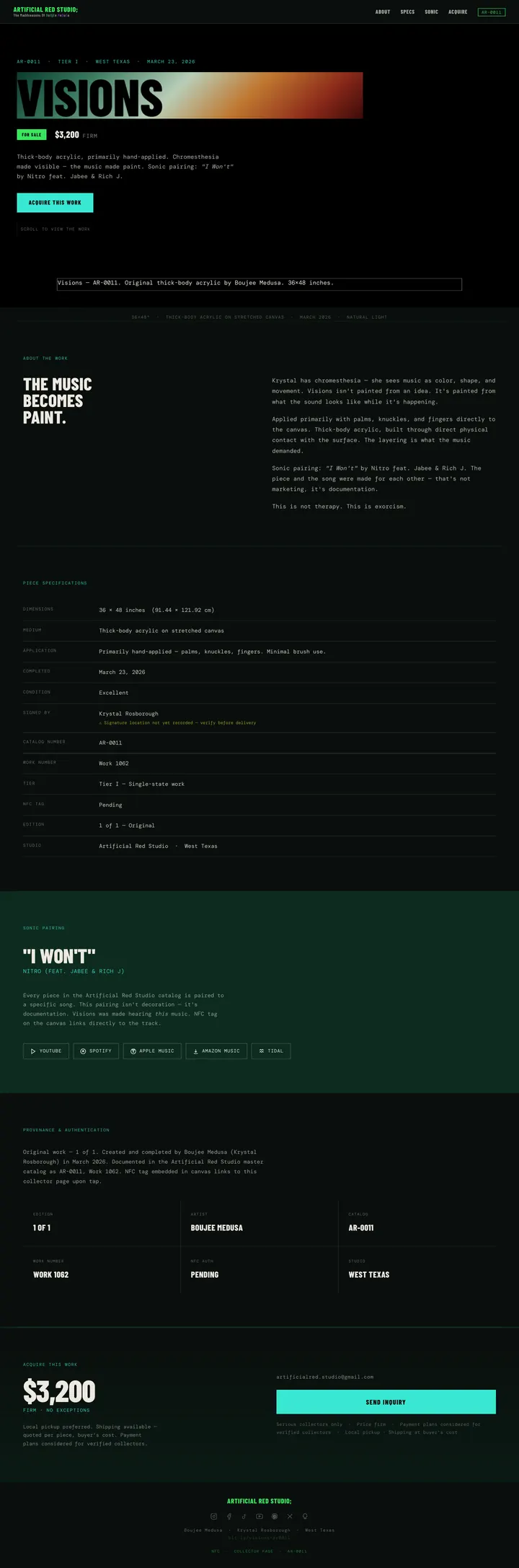 Visions v2 collector page: compact black opening, a statement reading The music becomes paint, a specifications table and a green sonic-pairing panel.