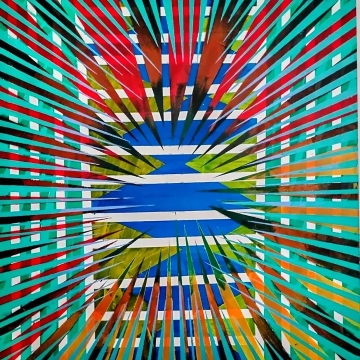 Left Alone in natural light: a radiating abstract of teal, blue, cream and dark stripes.