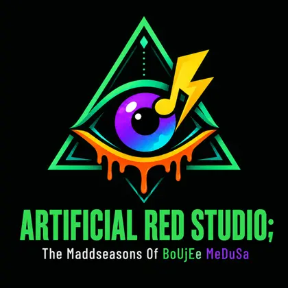 Artificial Red Studio lockup: a triangular mark with a central rainbow eye, a music note and a lightning bolt, above the wordmark.
