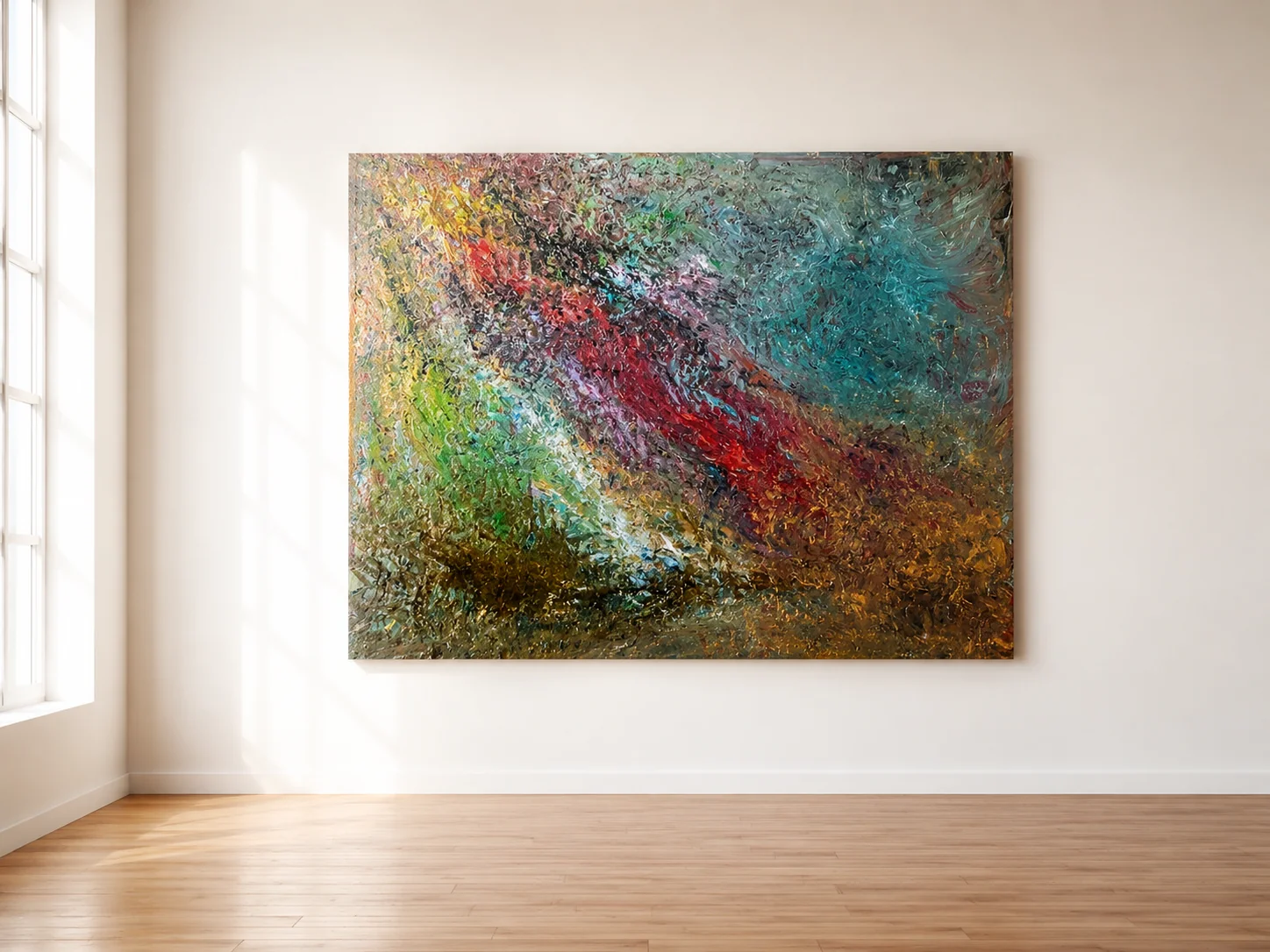 The same painting placed in an AI-generated sunlit interior, labeled as marketing.