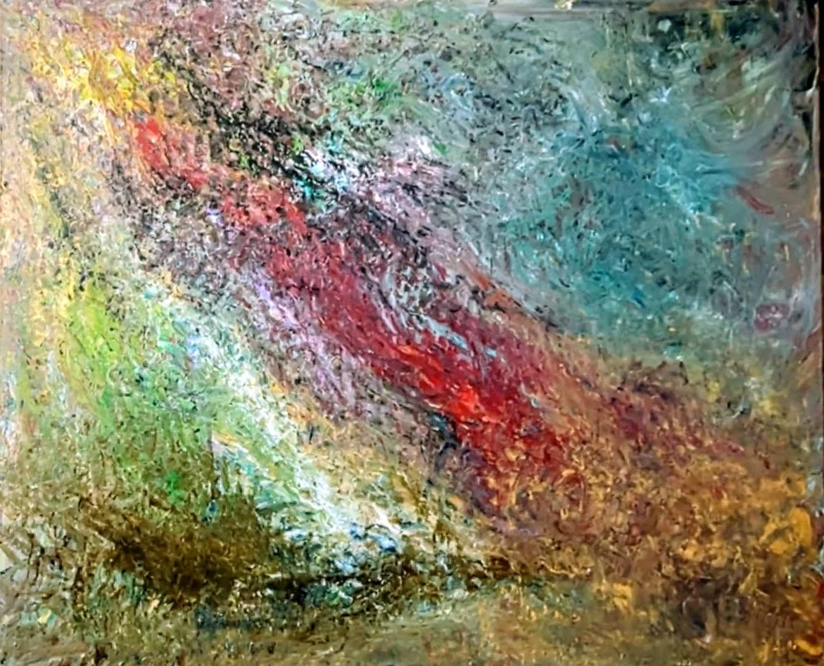 Transitions, a textured earth-tone painting with a diagonal gesture of color, photographed raw.