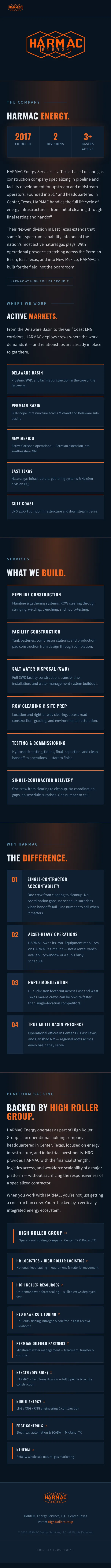Full-length capture of HARMAC Energy Services' corporate page: company overview, active markets, services, and platform backing, in navy and safety orange.